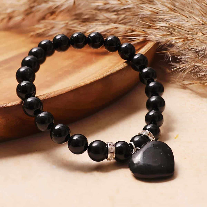 Black Tourmaline Bracelet With Mini Heart Charm