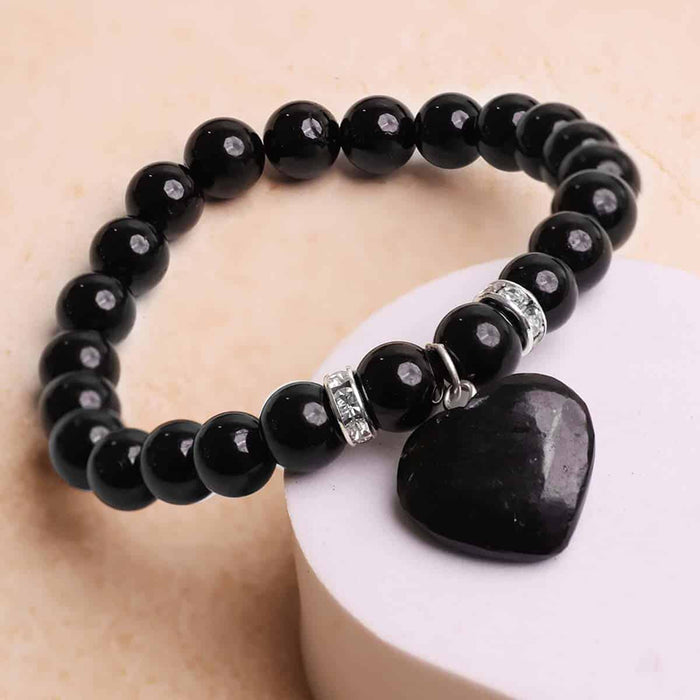 Black Tourmaline Bracelet With Mini Heart Charm