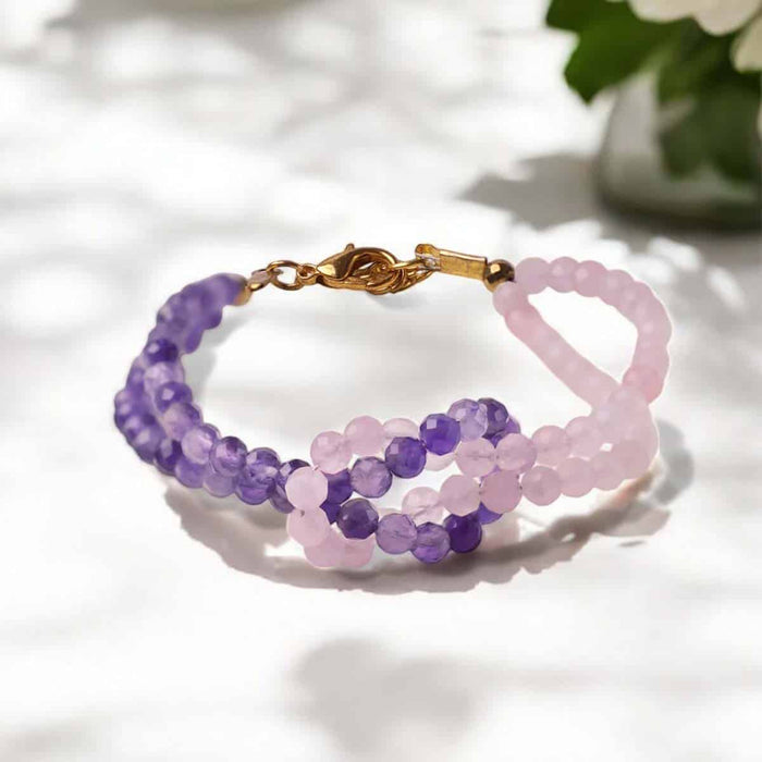 Rose Quartz &amp; Amethyst Faceted Knot Bracelet 4mm